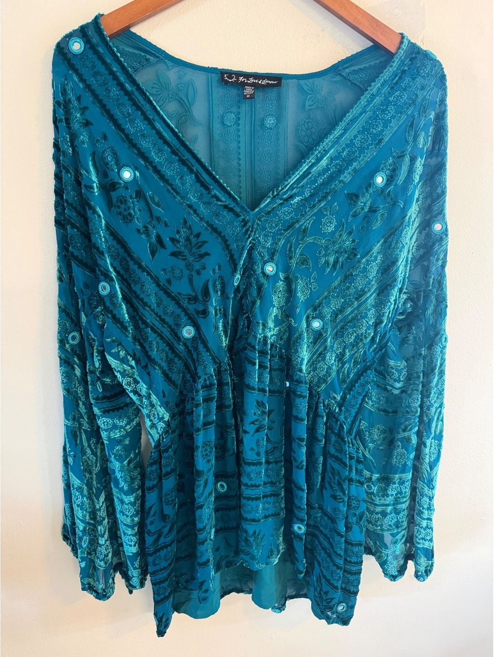 For Love And Lemons Green Velvet Babydoll Boho Blouse Size Medium